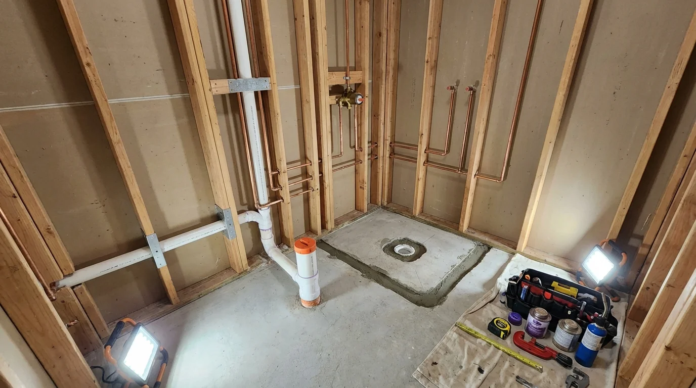 Bathroom rough-in plumbing during remodel by Johns Plumbing LLC in Okeene