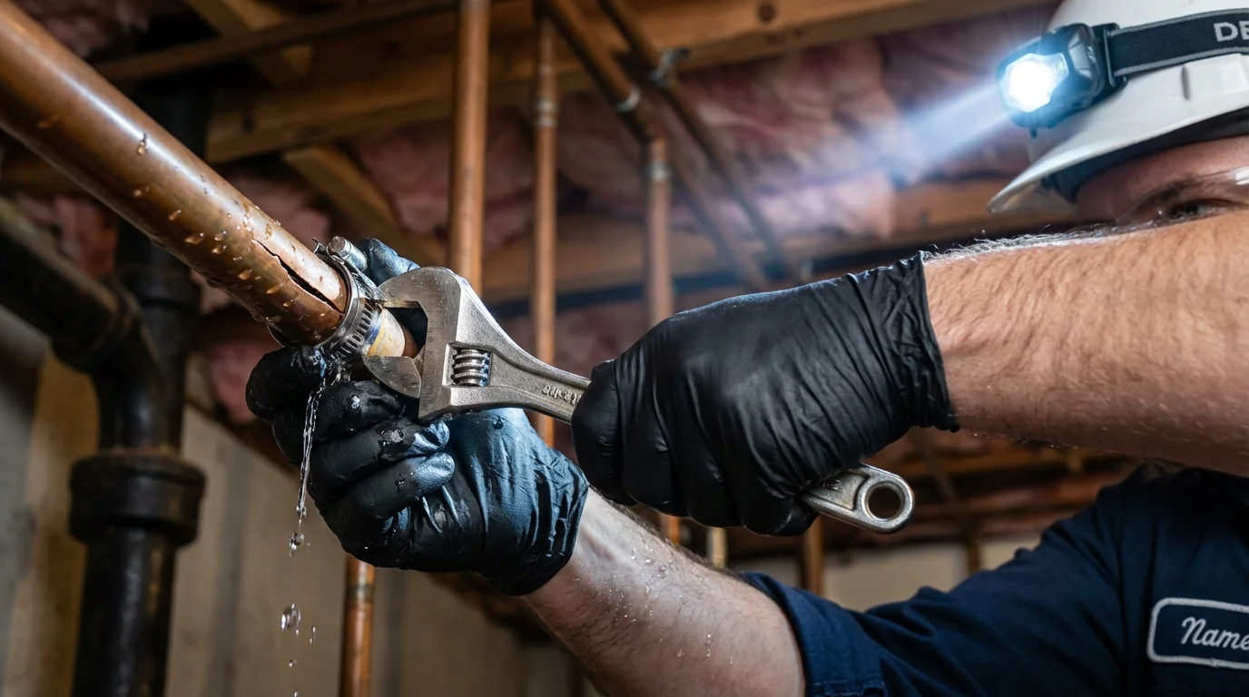 Emergency pipe clamp repair being performed by a Johns Plumbing LLC plumber in Okeene