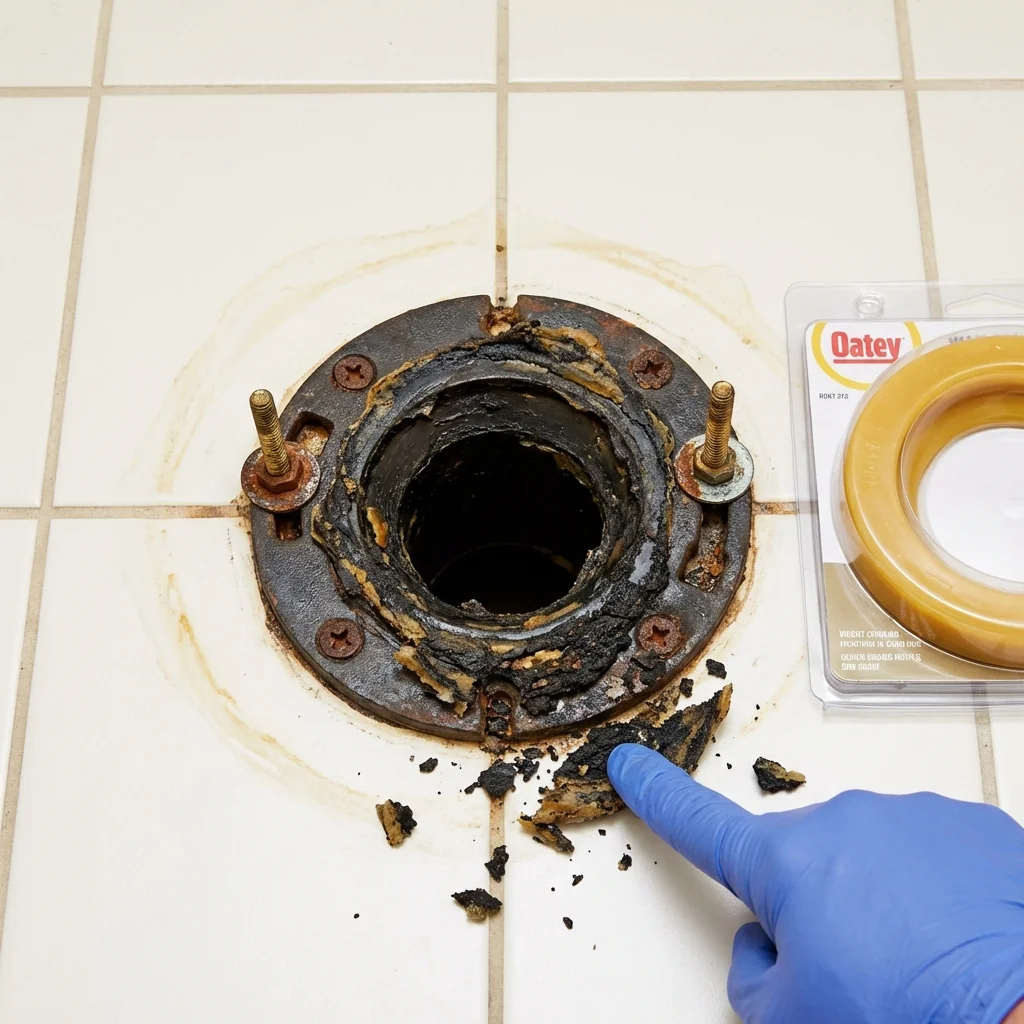 Failed wax ring showing water seepage at the base of a toilet in a Okeene, OK home