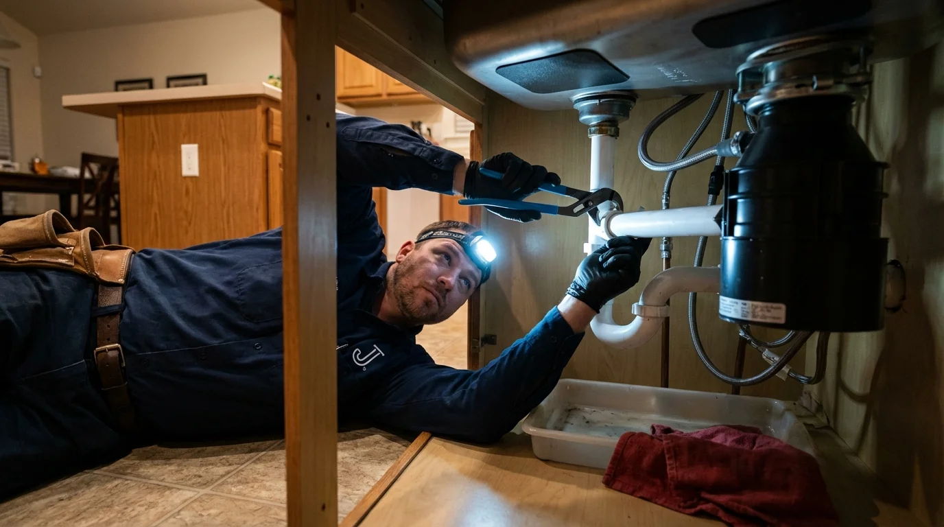 P-trap and supply line connections under a kitchen sink showing a common leak point in Okeene, OK